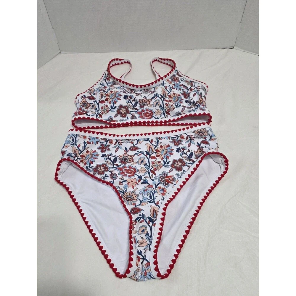 Two Piece Swimsuit White, Red, Blue and Peach Woman's Size Lg